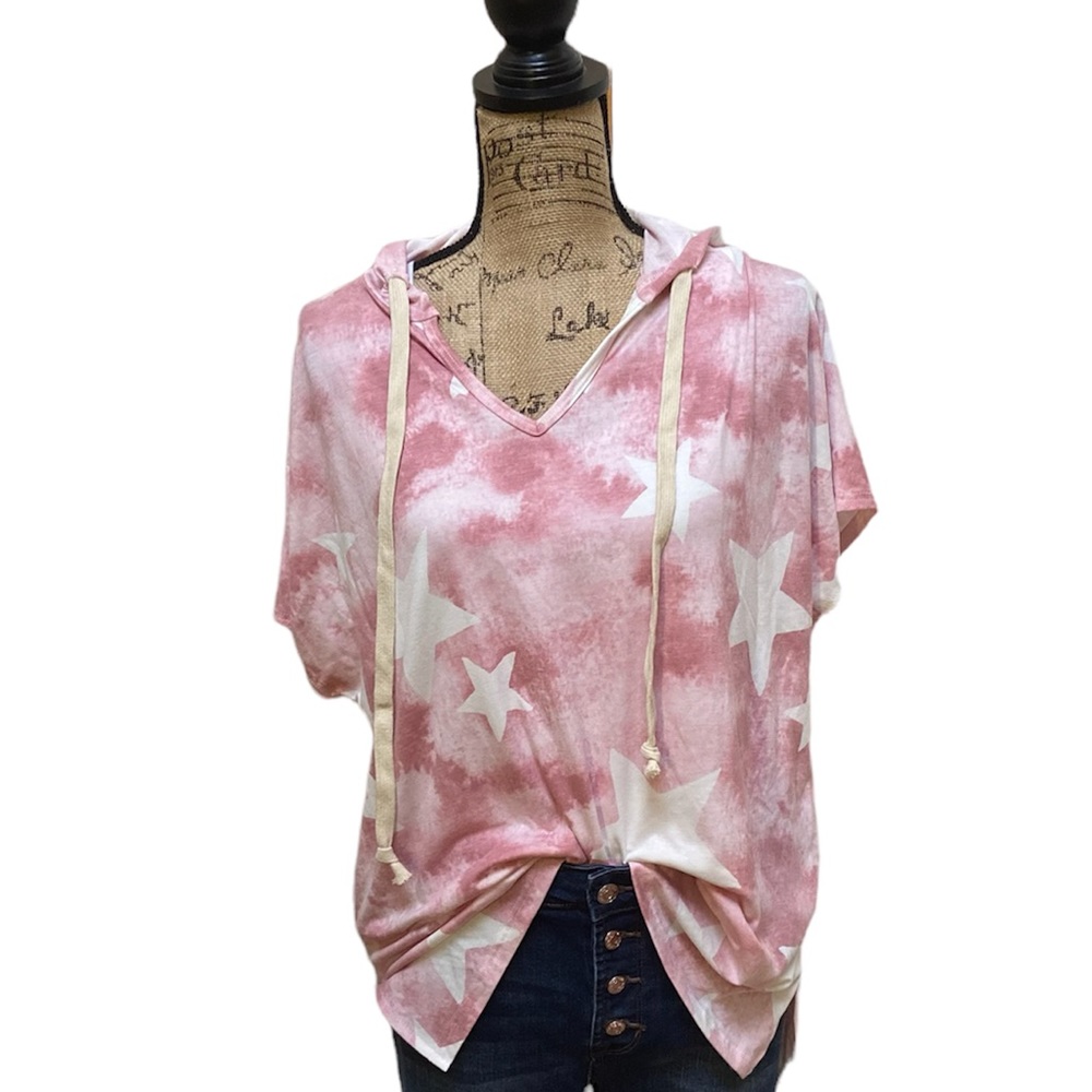 Honeyme pink/white star patterned short sleeved hoodie